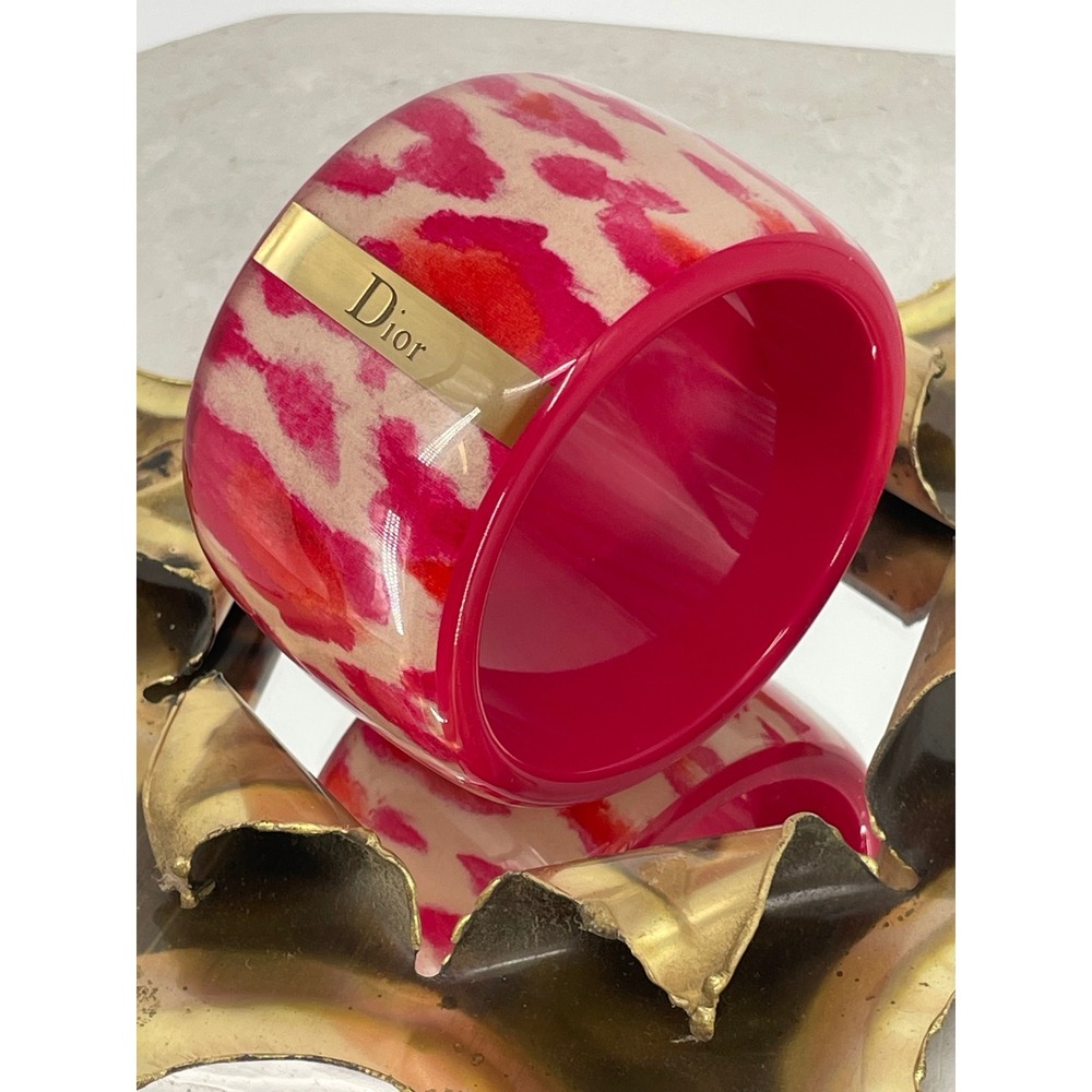 Vintage Dior Pink Leopard Print Wide Resin Bangle Bracelet Gold Logo Statement